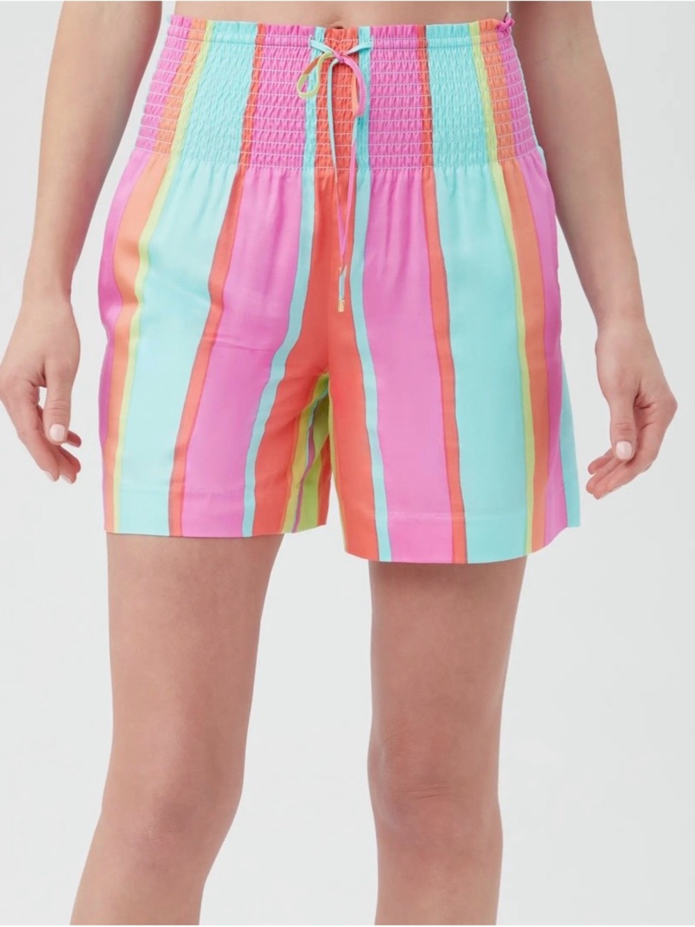 Trina Turk Yalita Pastel Stripe Smocked-Waist Shorts